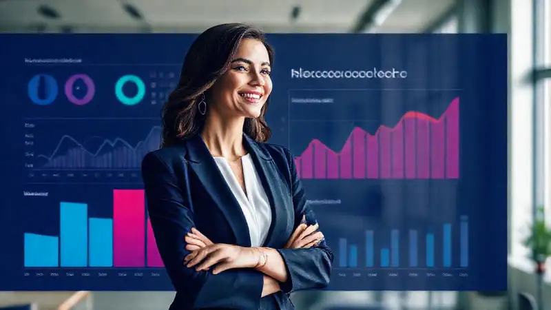 Mujer exitosa visualiza datos con optimismo