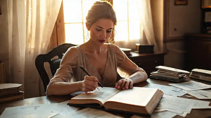 Mujer elegante escribe en luz cálida