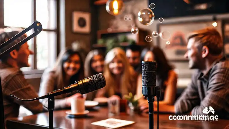 Amigos conversan en un podcast cálido