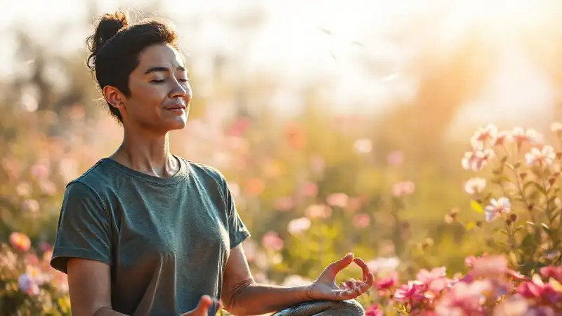 Meditación serena en jardín florido