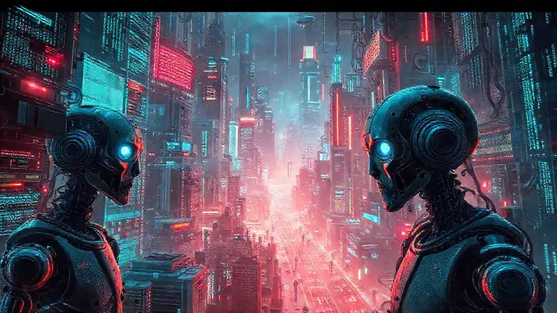 Ciudad futurista: caos digital y preocupación