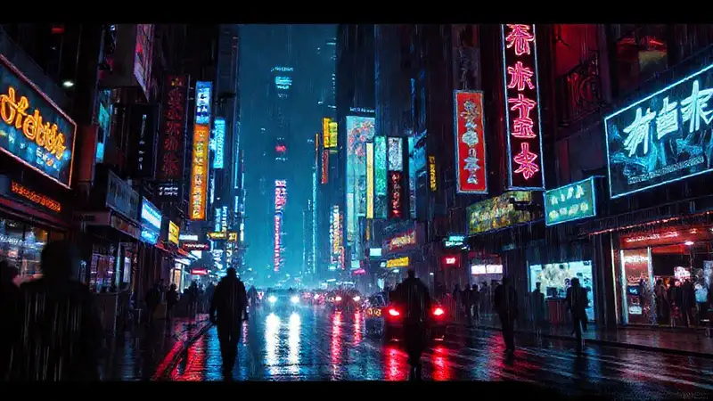 Ciudad cyberpunk vibrante y digitalmente distorsionada