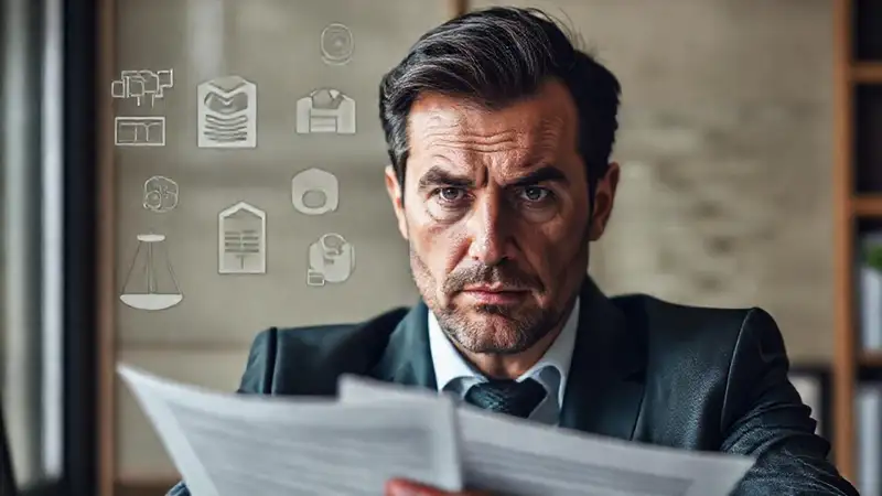 Un hombre serio revisa documentos legales