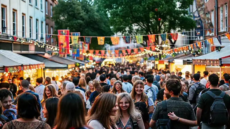 Plaza festiva, gente diversa, conversación animada