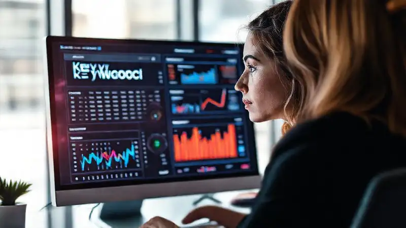 La mujer piensa estratégicamente en interfaz digital