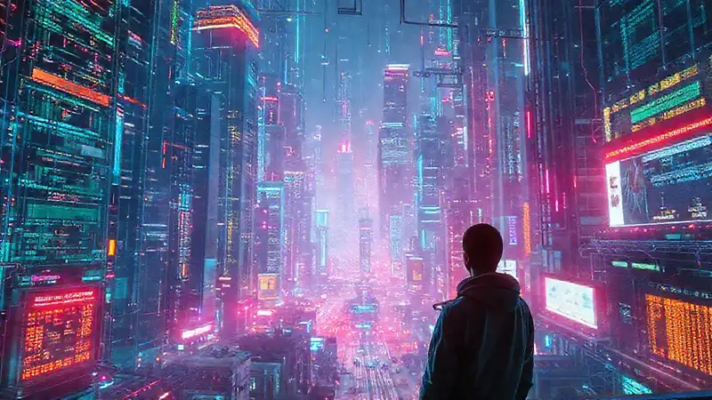 Ciudad futurista observa la ansiedad digital