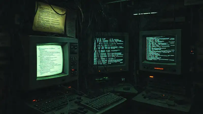 Un ordenador antiguo, caótico y retro