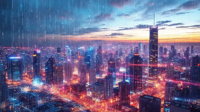 Ciudad futurista irradia datos y colores