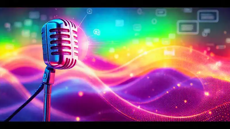 Microfono futurista, paisaje digital vibrante
