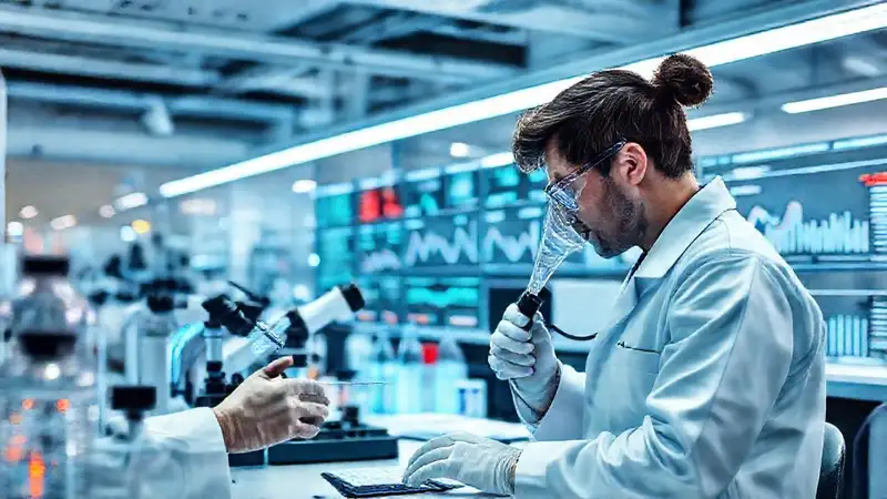 Investigador analiza datos en laboratorio moderno