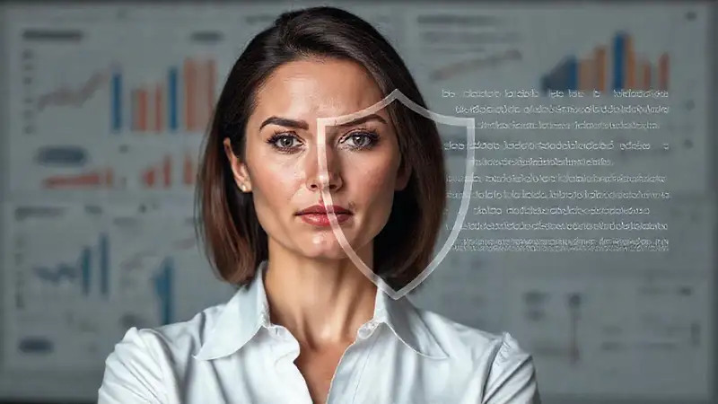 Profesional analítica, calma y protegida visualmente