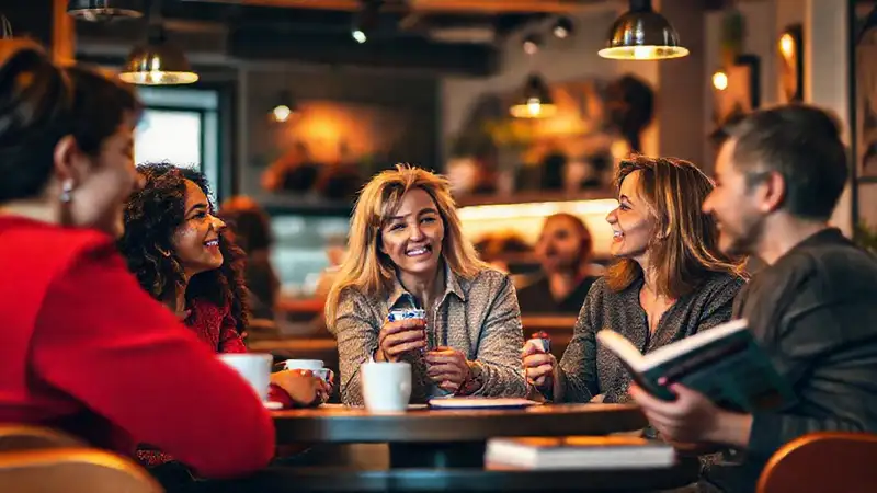 Un café cálido, gente conversando amistosamente