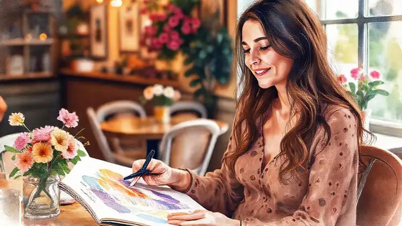 Una mujer serena crea arte en calma