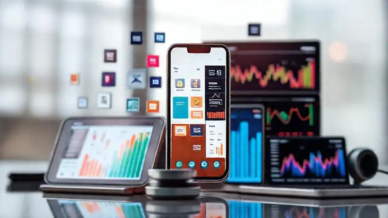 Mockups digitales muestran marketing colorido y datos