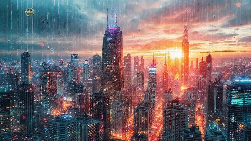 Ciudad futurista, cultura, datos y color