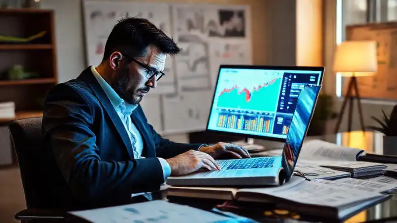 Un empresario analiza finanzas digitales con calma