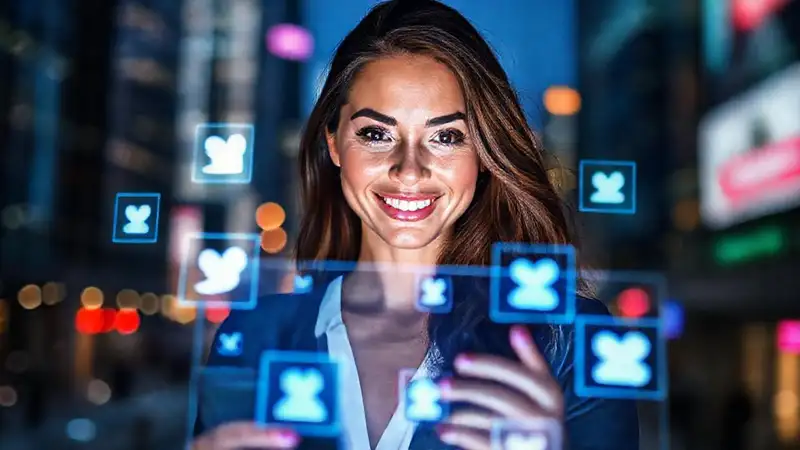 Mujer confiada en pantalla digital moderna