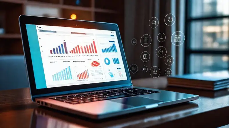 Portátil elegante muestra datos optimizados profesionalmente