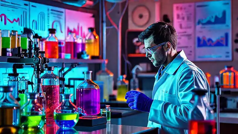 Científico explora laboratorios coloridos y complejos
