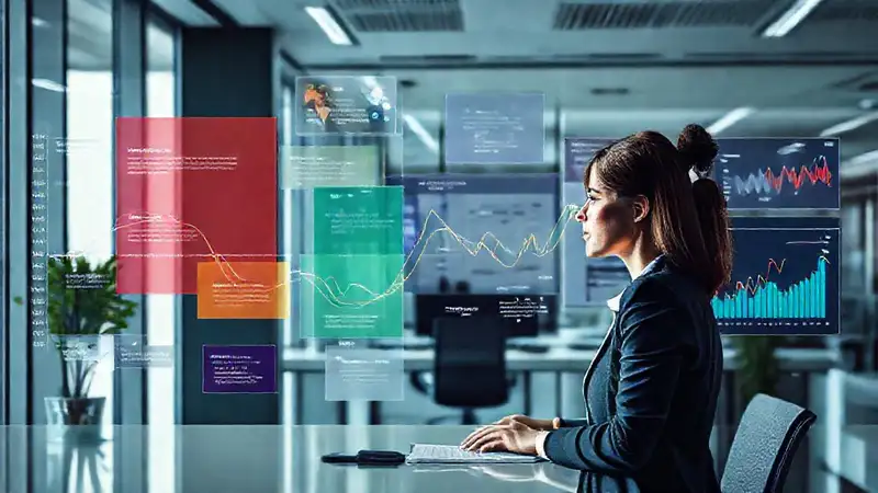 Oficina moderna visualiza datos estratégicos brillantes