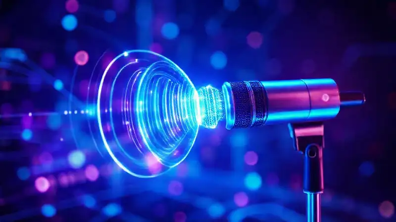 Microfono digital futurista, datos vibrantes e interconectados