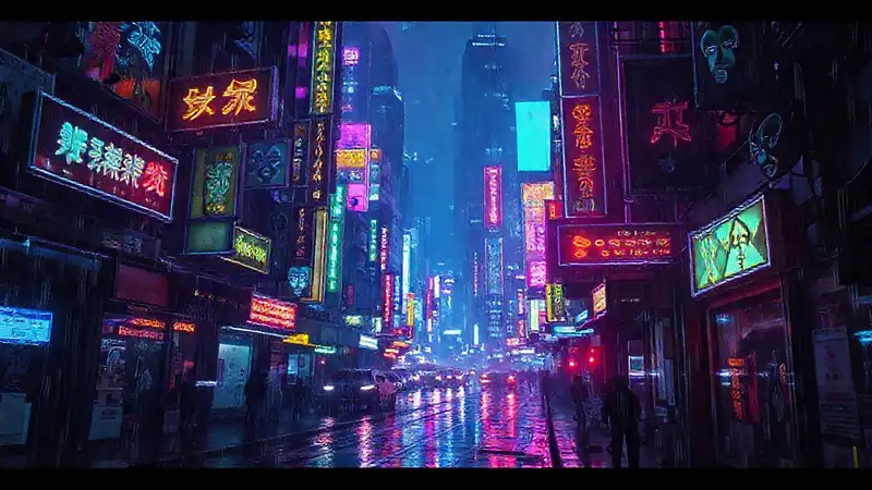 Ciudad cyberpunk oscura, brillante y digital